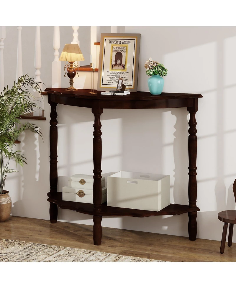 Slickblue Rubber Wood Half Moon Console Table with Storage Shelf