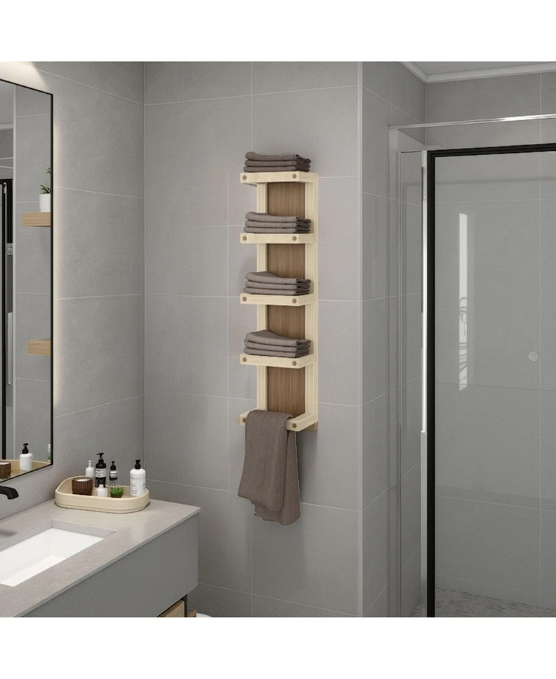 Fm Furniture Chandler 5-Tier Wall Towel Rack, Slim Vertical Organizer with Shelves for Bathroom, Space-Saving, Natural Oak