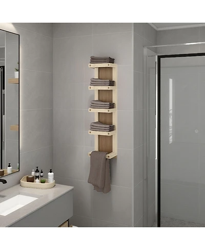 Fm Furniture Chandler 5-Tier Wall Towel Rack, Slim Vertical Organizer with Shelves for Bathroom, Space-Saving, Natural Oak