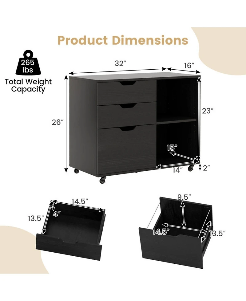 Gouun 3-Drawer Filing Cabinet 32 Inch with Adjustable Shelf and Lockable Wheels