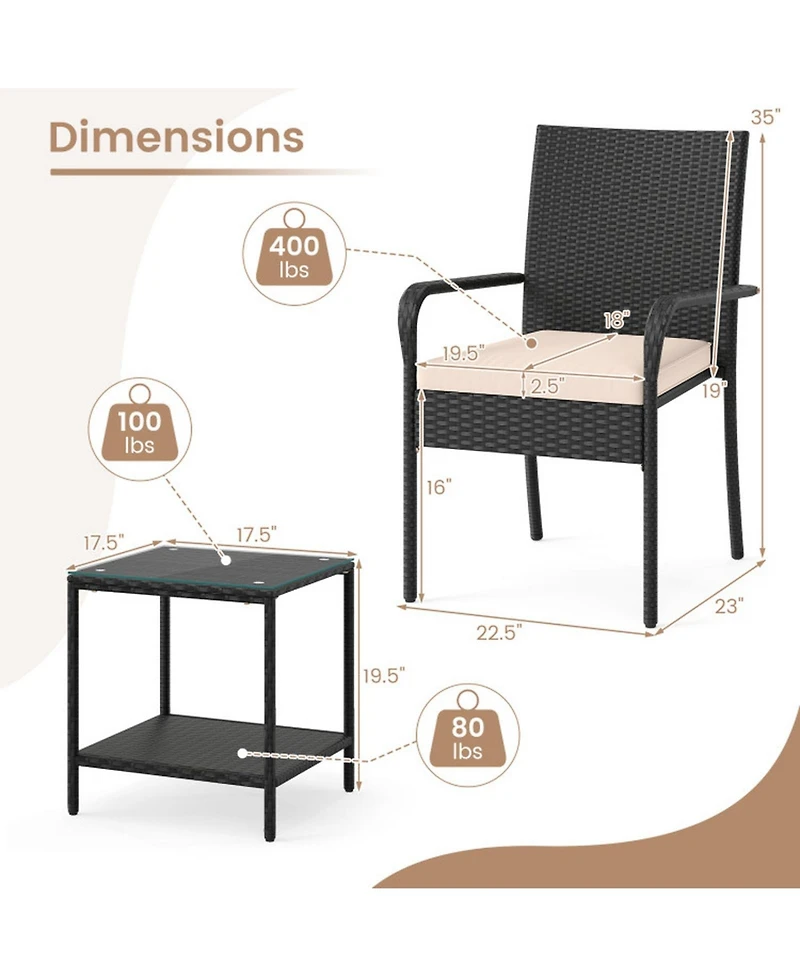 Gouun 3-Piece Pe Rattan Patio Set with Cushioned Chairs and 2-Tier Glass Table