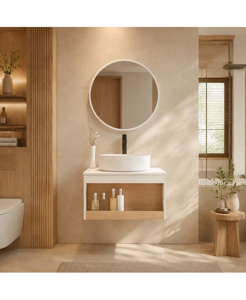 Phying 24 Inch Floating Bathroom Vanity Modern Wall Mounted Vanity with Open Shelf Storage and Durable Countertop Space Saving Bathroom Cabinet