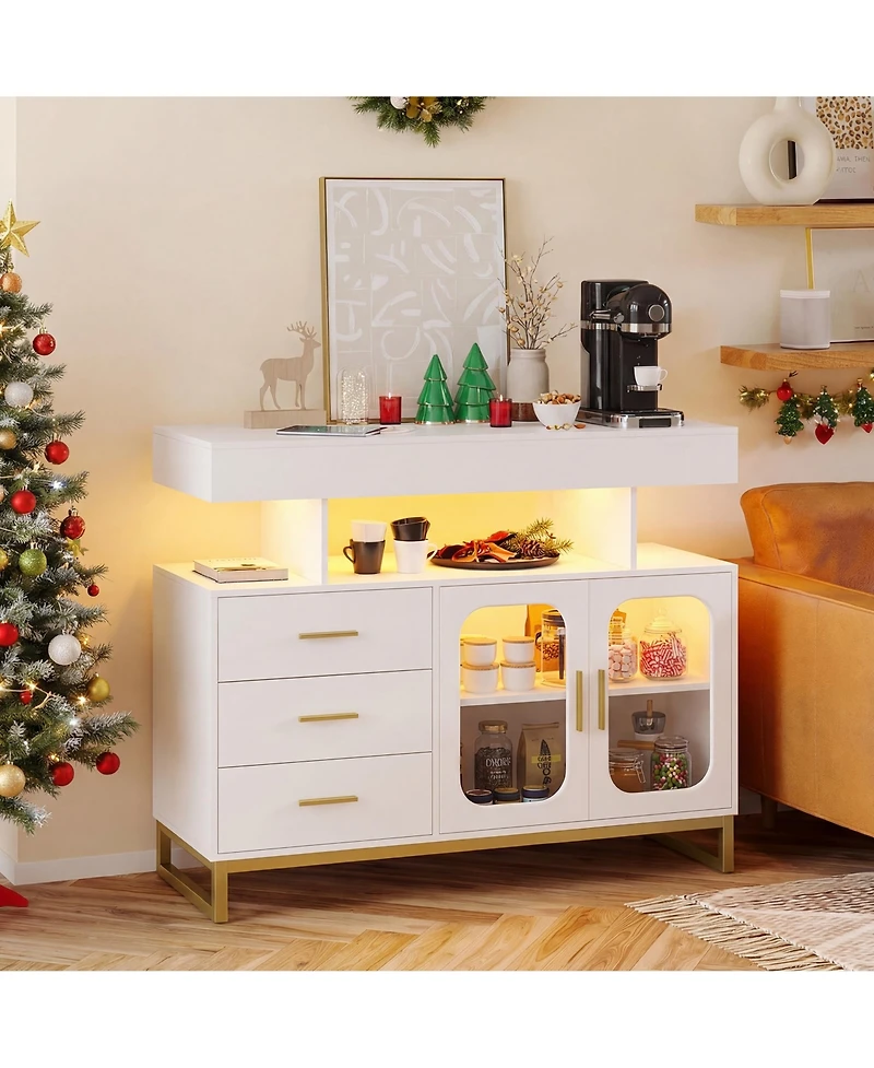 homfan Modern Led Sideboard Cabinet with Rgb Lighting, Charging Station, 3 Drawers, 2 Doors, And Spacious Storage for Dining or Living Areas.