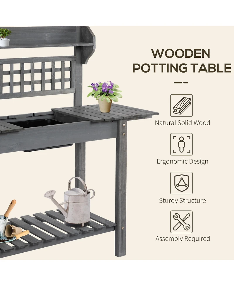 Wooden Outdoor Potting Bench with Sink Basin & Clapboard, Natural
