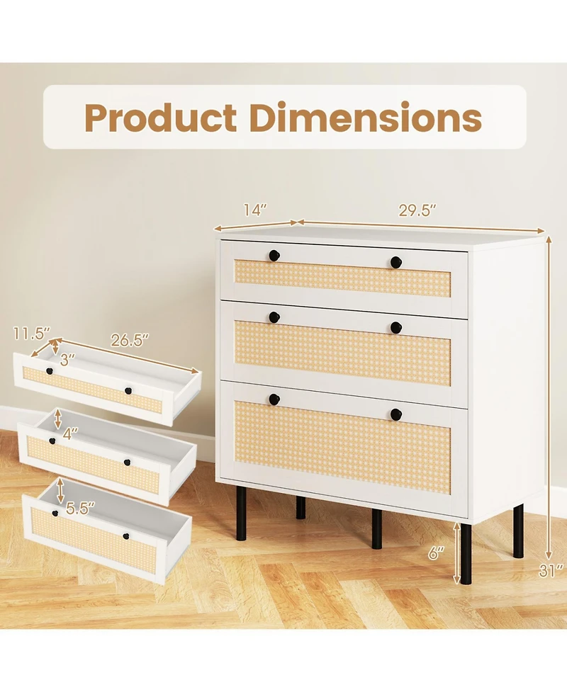 Slickblue Rattan Nightstand with 3 Drawers for Bedroom Storage