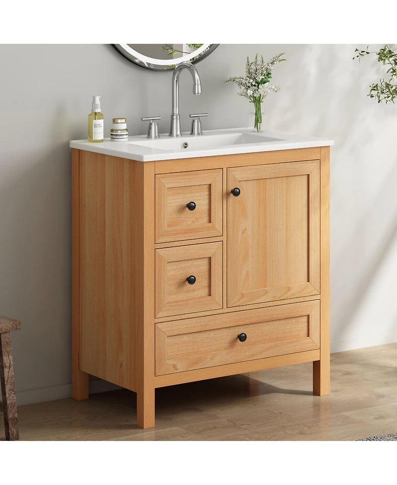 Busdays 30 Inch Wood Grain Bathroom Vanity with Ceramic Sink Solid Wood Legs Adjustable Shelf Full Soft Close Drawers Door Storage Rack