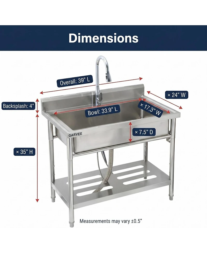Gaomon Freestanding Stainless Steel Utility Sink Single Bowl Sink with Hot and Cold Pull-Out Faucet Storage Shelf Adjustable Legs