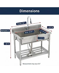 Gaomon Freestanding Stainless Steel Utility Sink Single Bowl Sink with Hot and Cold Pull-Out Faucet Storage Shelf Adjustable Legs
