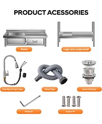 Gaomon Freestanding Stainless Steel Utility Sink Single Bowl with Hot and Cold Faucet Drawer Storage Shelf and Workbench