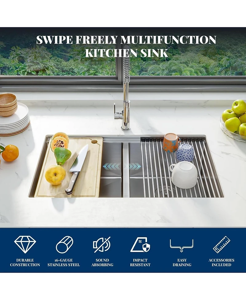 Gaomon Undermount Double Bowl Kitchen Sink 10 In Deep 16 Gauge 304 Stainless Steel Workstation Sink with Bottom Grid and Drain