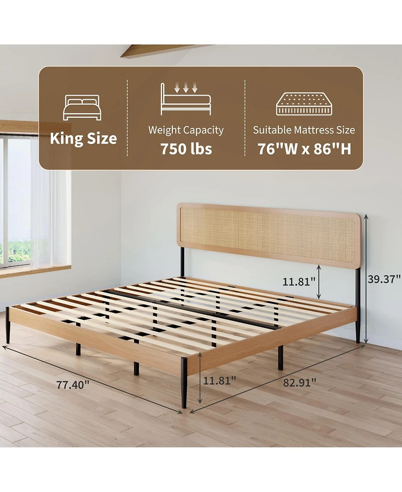gaomon King Rattan Platform Bed – Headboard, Wood Slats, Under Bed Storage, Noise-Free, No Box Spring Needed