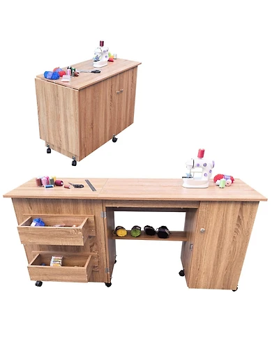 Gaomon Large Folding Sewing Table with Storage Shelves, Rolling Sewing Machine Table, Wooden Craft Station with Lockable Wheels for Small Spaces, Home