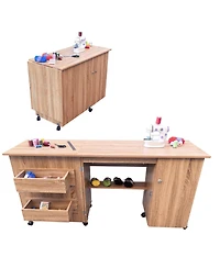 Gaomon Large Folding Sewing Table with Storage Shelves, Rolling Sewing Machine Table, Wooden Craft Station with Lockable Wheels for Small Spaces, Home