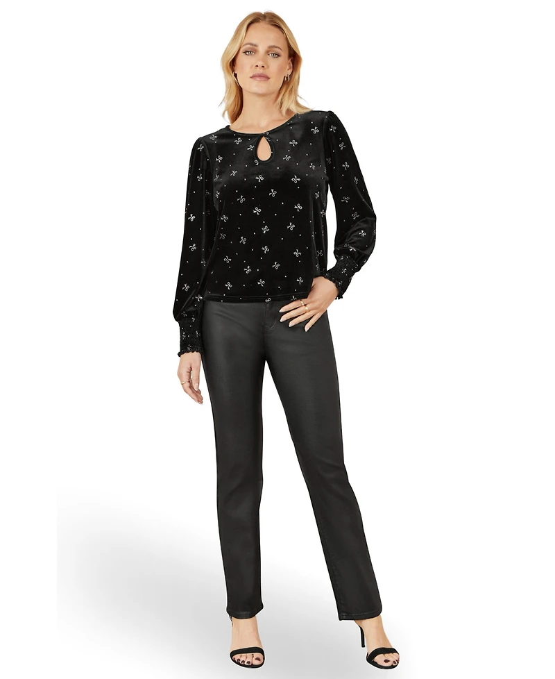 Yumi Women's Sparkle Bow Print Velvet Top