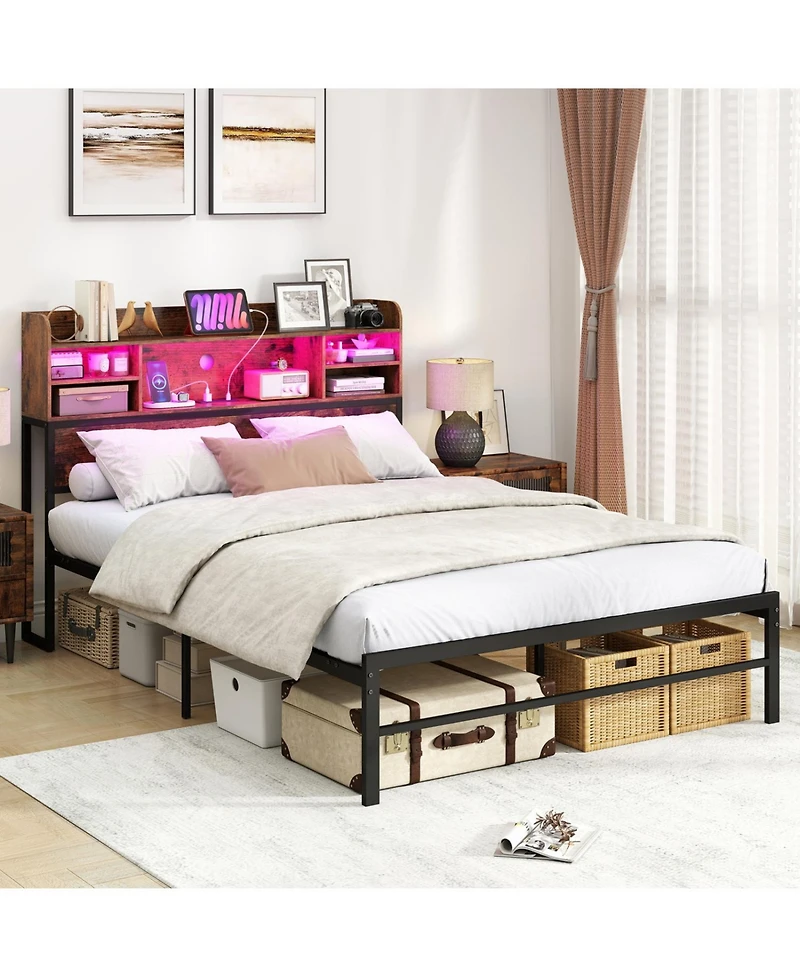 Slickblue Full Bed Frame with Led Headboard Lights and Convenient Charging Station