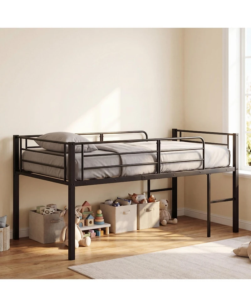 Slickblue Twin Low Loft Bed with Guardrails and 2 Ladders, Space-Saving Design