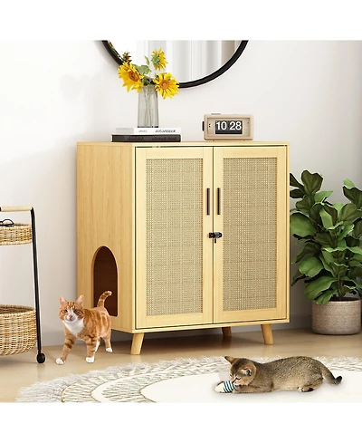 Homsee Litter Box Cabinet with Scratch-Resistant Doors - Large Wooden Cat Litter Station with Removable Shelves | Hidden Cat Toilet Furniture