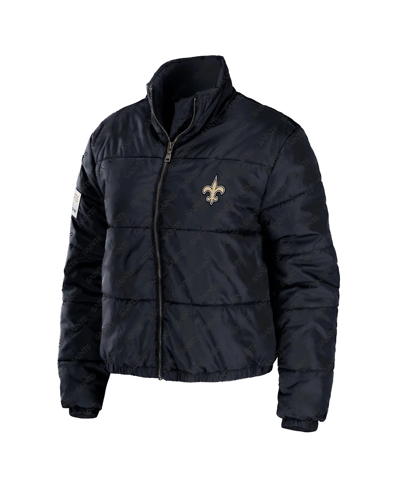 Wear by Erin Andrews Women's Black New Orleans Saints Puffer Full-Zip Cropped Jacket