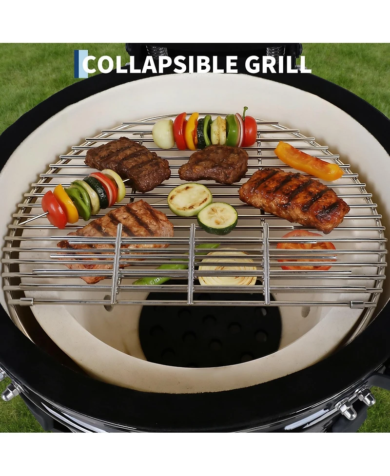 Xo 18-Inch Red Ceramic Charcoal Grill Smoker with Cart and Side Shelves, 250 Sq In 2-Tier Cooking System