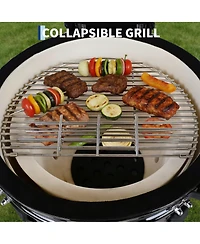 Xo 18-Inch Red Ceramic Charcoal Grill Smoker with Cart and Side Shelves, 250 Sq In 2-Tier Cooking System