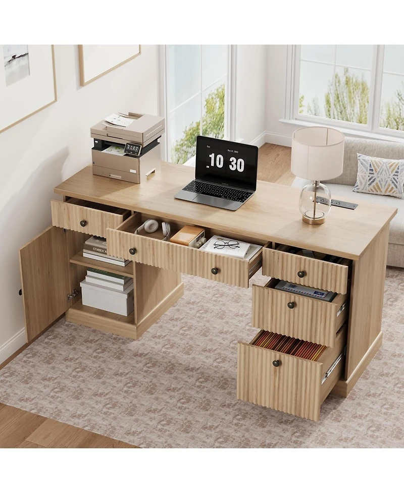 homfan 60" Fluted Modern Executive Desk with Charging Station, File Cabinet and Drawers