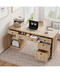 homfan 60" Fluted Modern Executive Desk with Charging Station, File Cabinet and Drawers