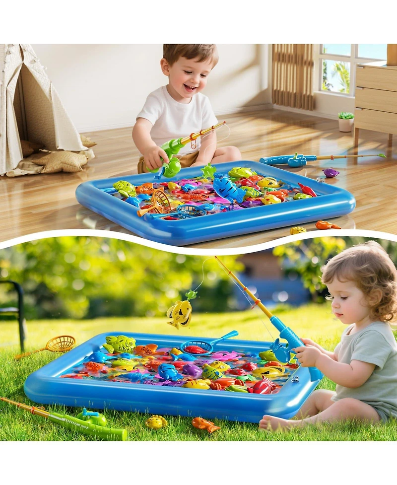 Gnuadz Fishing Game Pool Set with Inflatable Pole Rod Net Floating Fish for Kids Water Play