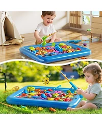Gnuadz Fishing Game Pool Set with Inflatable Pole Rod Net Floating Fish for Kids Water Play