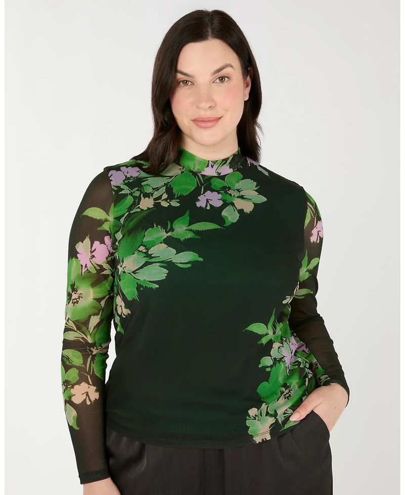 Estelle Women's Fiora Floral Sheer Long Sleeve Mock Neck Mesh Top