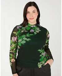 Estelle Women's Fiora Floral Sheer Long Sleeve Mock Neck Mesh Top