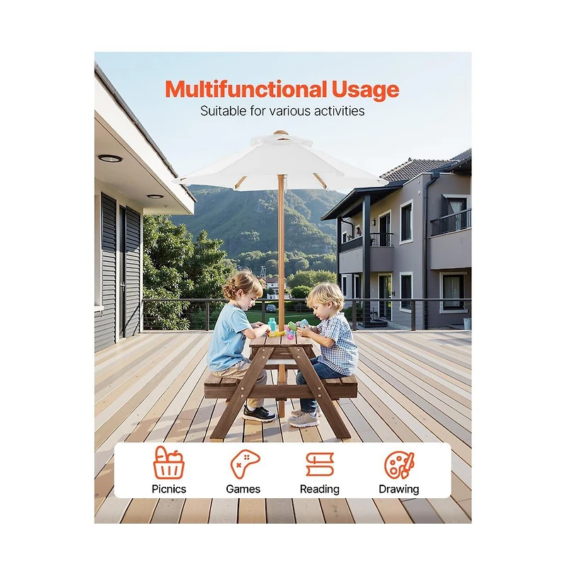 Sugift Kids Picnic Table 3-in-1 Wooden Bench Set with Sand Water Basin Umbrella