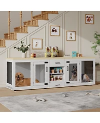 gaomon Double Dog Crate Furniture for Large Dogs,90 Inch Extra Large Heavy Duty Wooden Kennel with Feeding Station, Divider, Storage Shelves