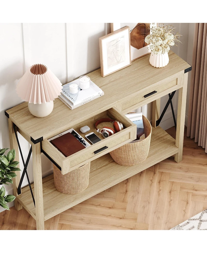 homfan Entryway Console Table with Rattan Drawers and Storage Shelf