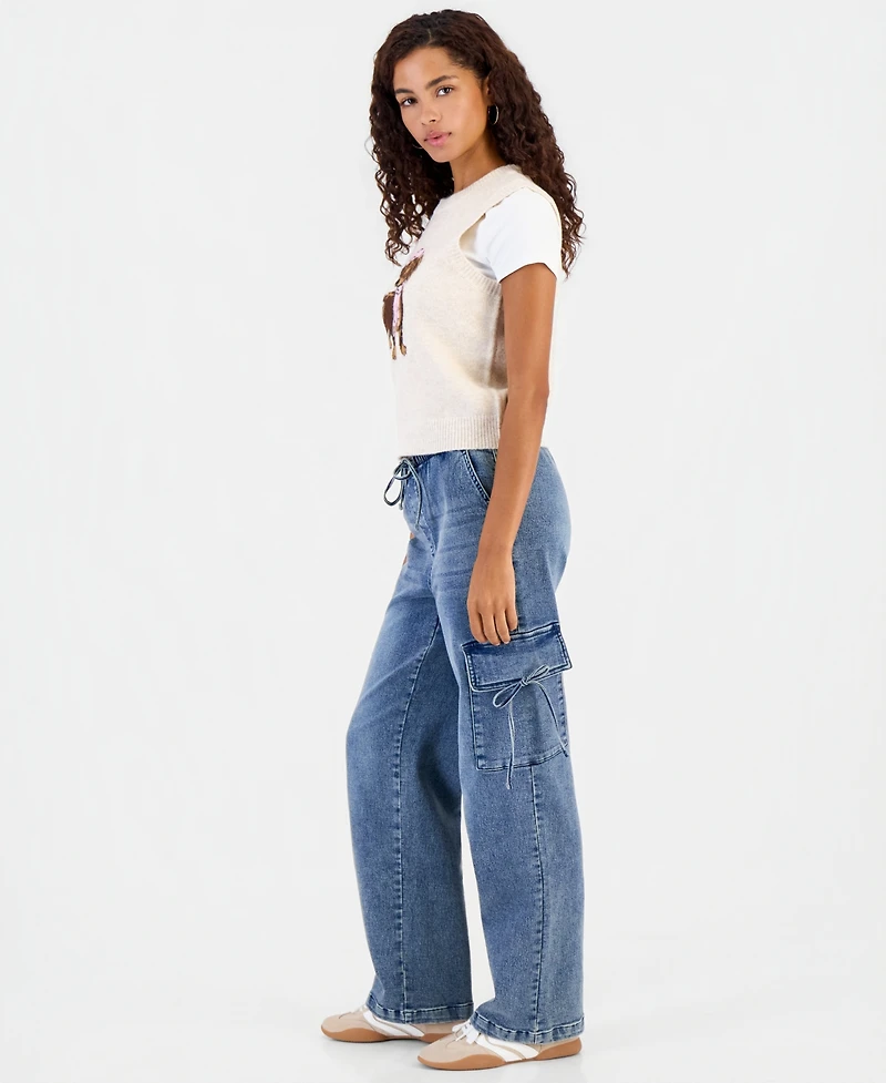 Vanilla Star Juniors' Wide-Leg Cargo Drawstring-Waist Jeans