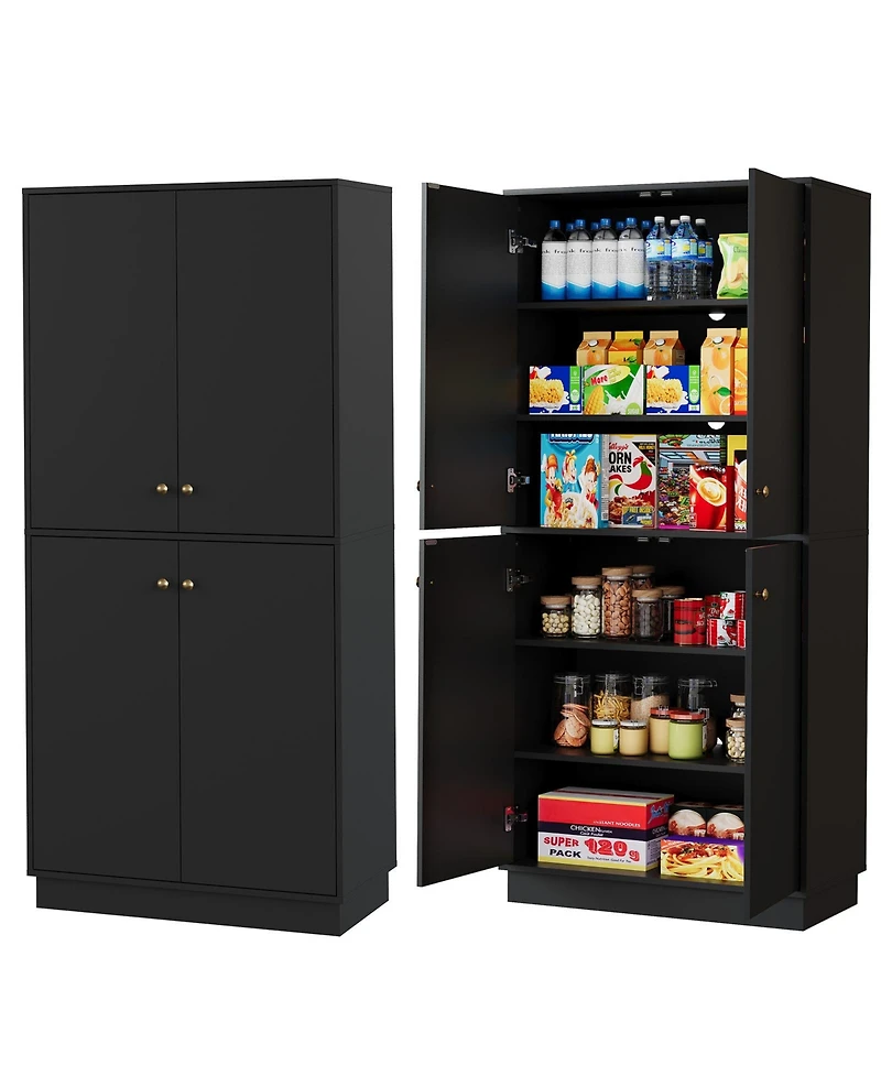homfan 68" Black Kitchen Pantry Cabinet - 4 Adjustable Shelves and 4 Doors, Freestanding Storage for Kitchen or Living Room