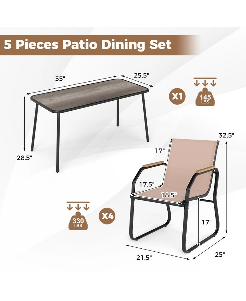 Gouun 5 Piece Patio Dining Set with 55 in Rectangular Wood-Look Table and 4 Fabric Sling Armchairs