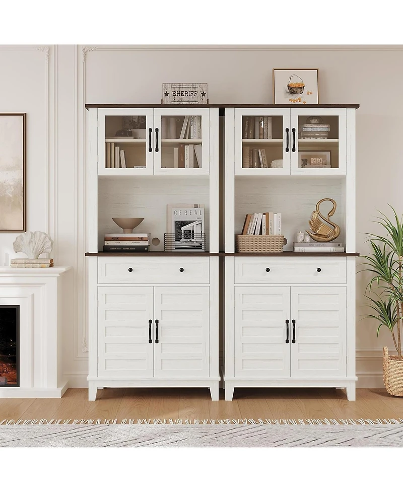 homfan 72" Freestanding Pantry Cabinet Buffet Hutch with Adjustable Shelves, Glass and Wood Doors for Dining Room