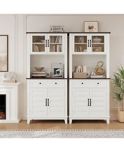 homfan 72" Freestanding Pantry Cabinet Buffet Hutch with Adjustable Shelves, Glass and Wood Doors for Dining Room