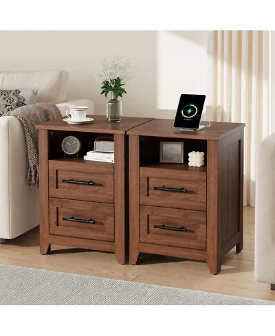 gaomon Set of 2 Farmhouse Nightstand 2 Drawers and Open Compartment, Charging Station, End Table for Bedroom or Living Room