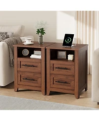 gaomon Set of 2 Farmhouse Nightstand 2 Drawers and Open Compartment, Charging Station, End Table for Bedroom or Living Room