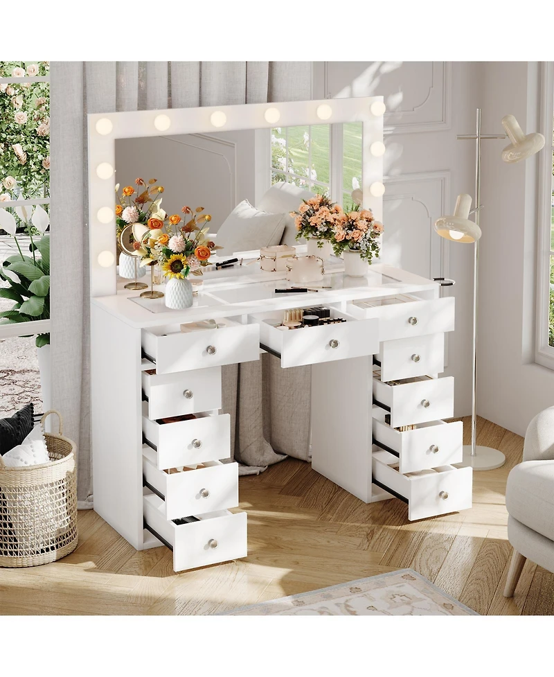gaomon Makeup Vanity Desk with Mirror, 45"W Dressing Table with 11 Drawers and Glass Tabletop, Brightness Adjustable Makeup Vanity Table for Bedroom