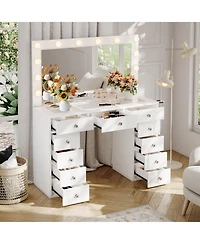 gaomon Makeup Vanity Desk with Mirror, 45"W Dressing Table with 11 Drawers and Glass Tabletop, Brightness Adjustable Makeup Vanity Table for Bedroom