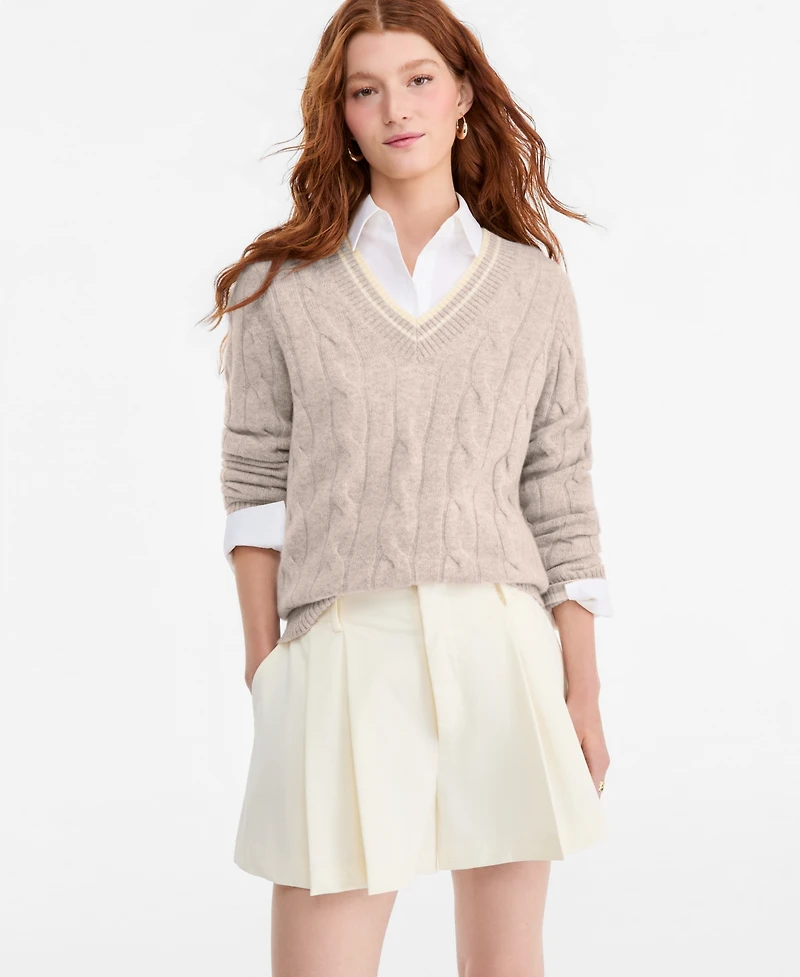 Charter Club Women's 100% Cashmere Cable-Knit Tipped V-Neck Sweater, Macy's Exclusive