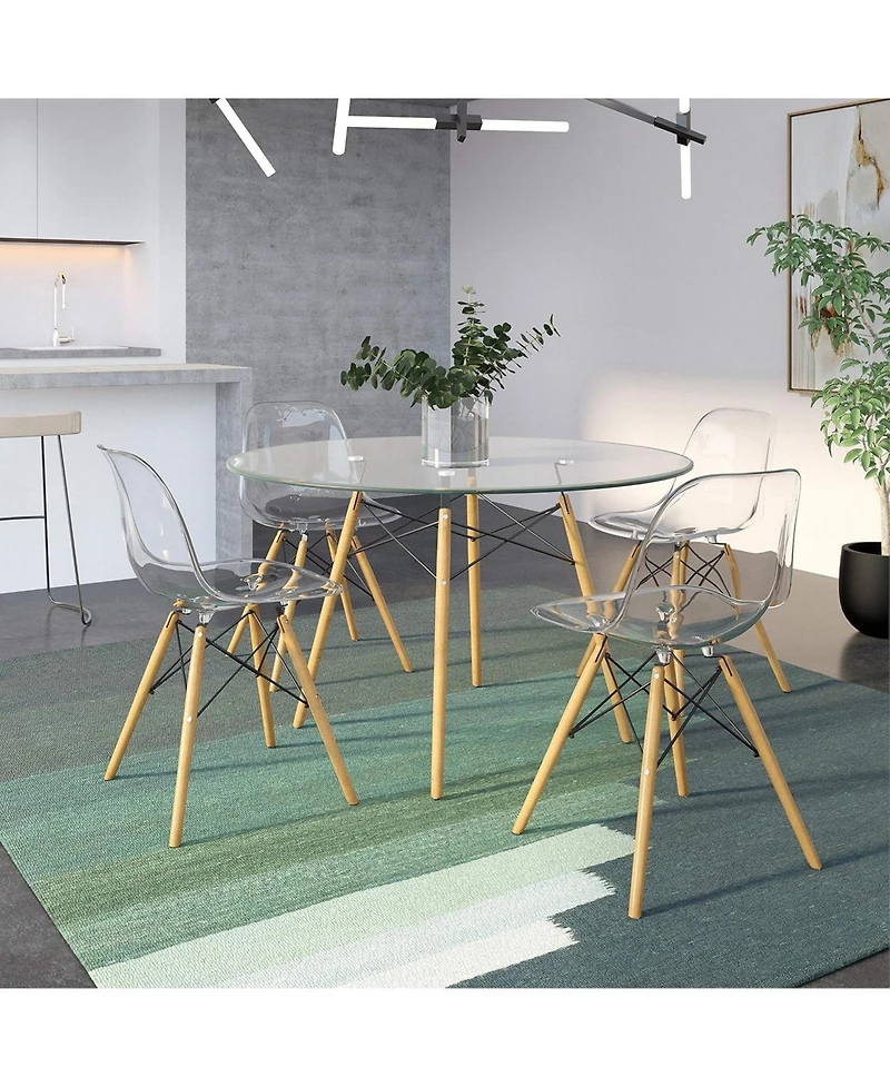 LeisureMod Cresco Modern Molded Acrylic Dining Chair Set of with Eiffel Base and Beech Wood Dowel Legs Ergonomic Curved Seat Accent Side
