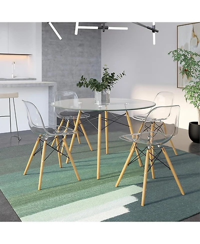 LeisureMod Cresco Modern Molded Acrylic Dining Chair Set of with Eiffel Base and Beech Wood Dowel Legs Ergonomic Curved Seat Accent Side