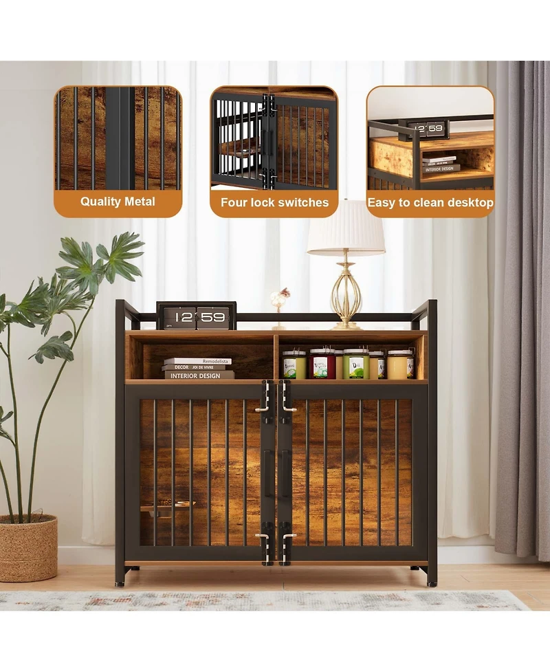 gaomon 48'' Heavy Duty Wooden Dog Crate Furniture for Large or Medium Dogs Double Doors, 2 Storage Drawers, 360degree(s) Swivel Raised Feeder