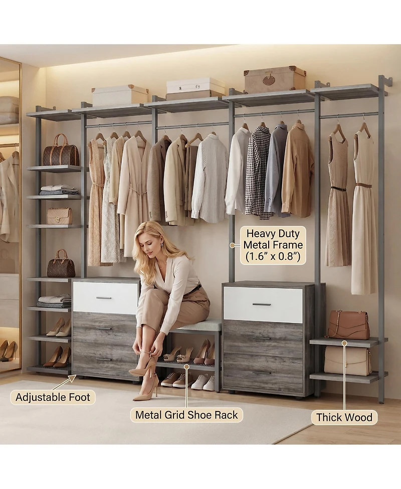 Aheaplus Heavy Duty Closet Organizer System with 6 Drawers, 96 Inch Walk Clothes Rack 14 Shelves, 1200 lbs Capacity