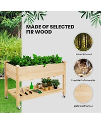 Sugift Wood Elevated Planter Bed with Lockable Wheels and Bottom Shelf and Liner