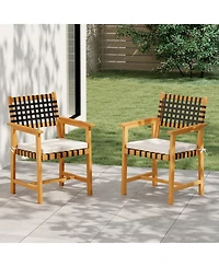 Sugift Set of 2 Acacia Wood Outdoor Dining Chairs with Woven Rope and Cushion