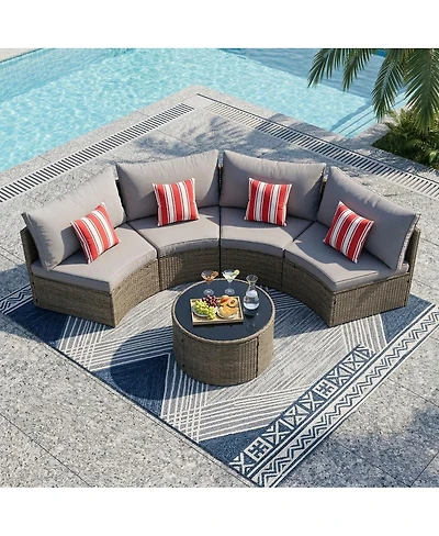 Asagikoiai 5-Piece Half-Moon Wicker Outdoor Patio Sectional Sofa Set with Table
